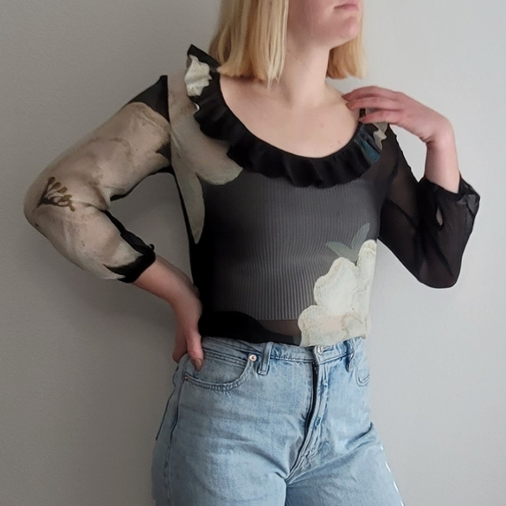 Floral DVF ruffle scoop neck silk blouse